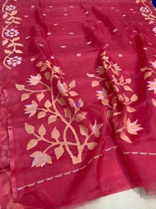 Dark reddish pink Tantuja muslin jamdani sarees