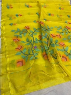 Yellow pure Tantuja muslin jamdani sarees
