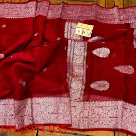 Chilli red pure banarasi chiffon sarees