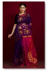 Dark violet pure handloom muslin jamdani sarees