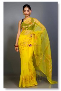 Yellow pure handloom muslin jamdani sarees