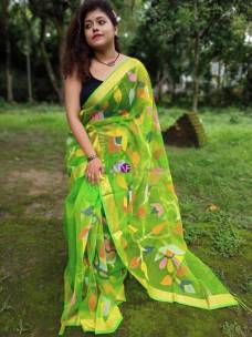 Green pure handloom resham muslin sarees