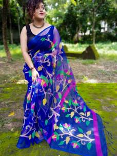 Royal blue pure handloom resham muslin sarees