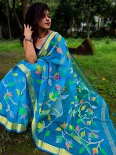 Sky blue pure handloom resham muslin sarees