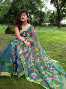Bluish green pure handloom resham muslin sarees