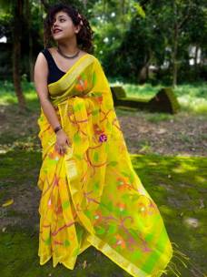 Yellow pure handloom resham muslin sarees