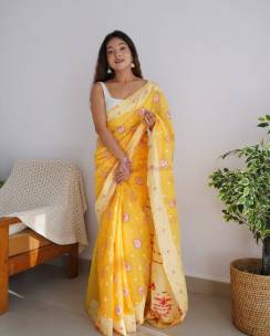Yellow soft linen Lucknowi work sarees