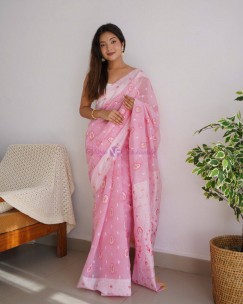 Pink soft linen Lucknowi work sarees