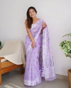 Lavender soft linen Lucknowi work sarees