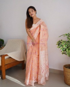 Peach soft linen Lucknowi work sarees