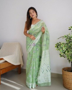 Green soft linen Lucknowi work sarees