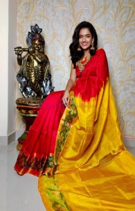 Red and yellow uppada sarees with small pochampally border