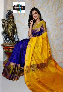 Dark blue tripura silk mahanati checks sarees