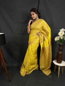 Yellow handloom semi Banarasi silk georgette sarees