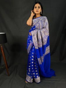 Royal blue handloom semi Banarasi georgette sarees
