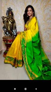 Yellow with green uppada sarees with small pochampally border