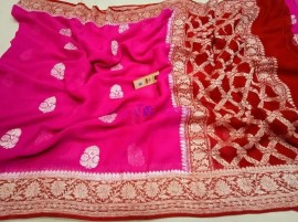 Pink and red pure banarasi khaddi chiffon sarees