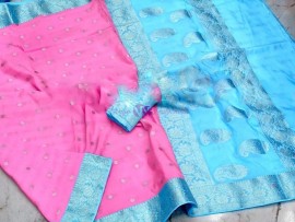 Pink and sky blue banarasi semi pure silk Georgette chiffon sarees