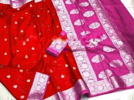Dark red with pink banarasi semi pure silk Georgette chiffon sarees