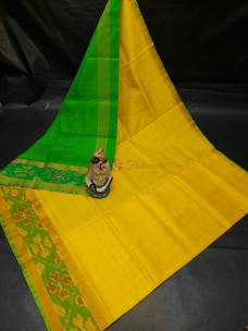 Yellow and green uppada sarees with small pochampally border