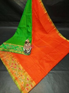 Orange and green uppada sarees with small pochampally border