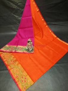 Orange with pink uppada sarees with small pochampally border