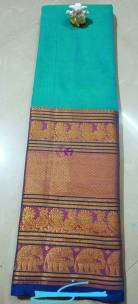 Turquoise mercerised narayanpet cotton sarees with big zari border