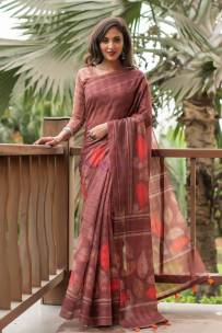 Brown soft linen cotton sarees with digital print