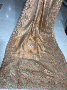 Pure copper tissue tussar heavy cutwork sarees