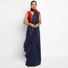 Navy blue with red 120 counts pure linen sarees