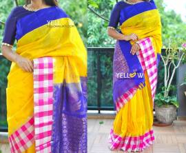 Yellow with pink and blue kuppadam sarees