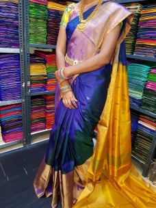 Navy blue and yellow uppada sarees with butti work