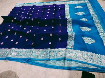 Royal Blue and light blue pure chiffon banarasi sarees